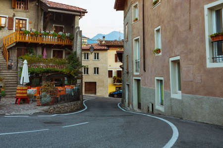 views of the houses and streets in a small town Tremosine at dawn. Italy.の写真素材