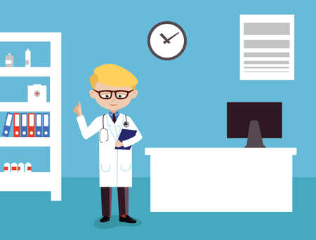 Young smiling doctor at his cabinet vector cartoonのイラスト素材