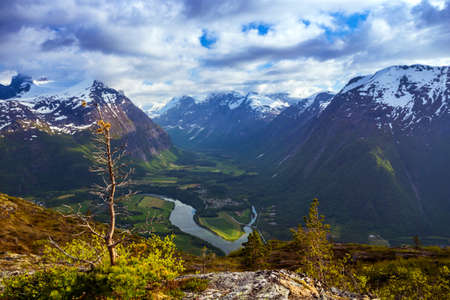 Rampestreken. Beautiful views of the Romsdalsfjorden and Andalsnes, Norwayの写真素材