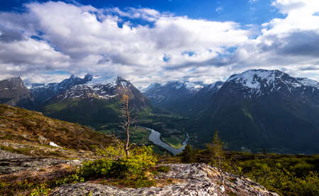 Rampestreken. Beautiful views of the Romsdalsfjorden and Andalsnes, Norwayの写真素材