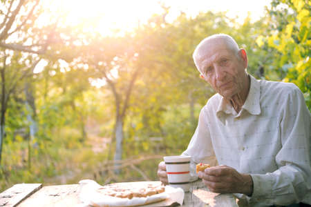 portrait of smiling senior man sits in the garden and drinks tea with a pieの写真素材