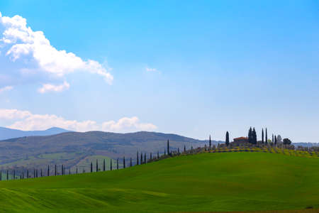 tuscany landscape with old house and cypresses at sunny day. province of Siena. Tuscany, Italyの写真素材