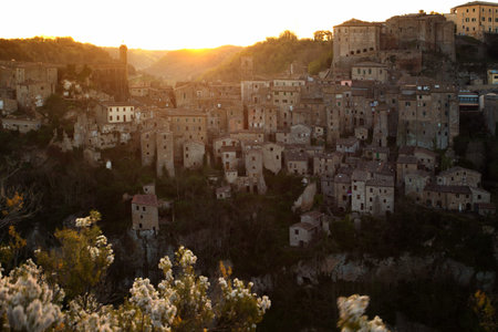 Dawn over the old  famous tuff city of Sorano, province of Siena. Tuscany, Italy