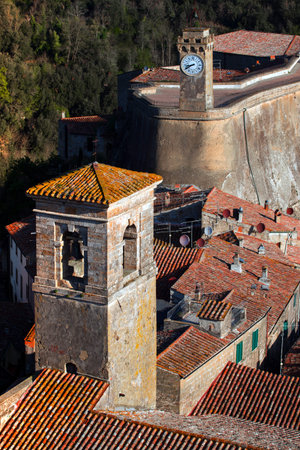 Top view of the old  famous tuff city of Sorano, province of Siena. Tuscany, Italyの写真素材