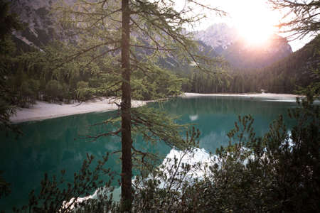 View of the  lake lago di Braies at dawn Dolomites Italyの写真素材