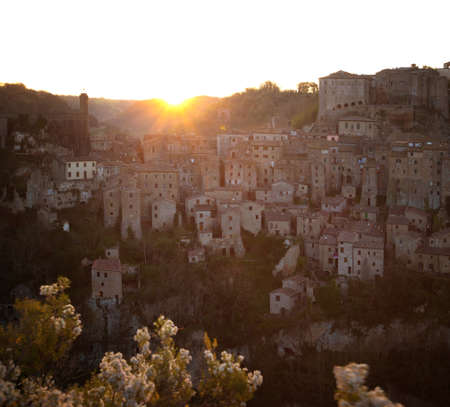 Dawn over the old  famous tuff city of Sorano, province of Siena. Tuscany, Italyの写真素材