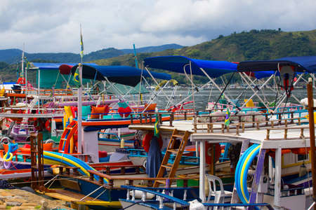 colorful boats at the bay of Paratiの写真素材