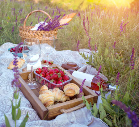 Summer - picnic in the meadow. Cheese brie, baguette, strawberry, cherry, wine, croissants and basketの写真素材