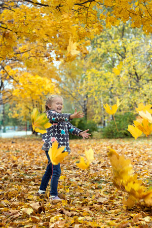 Autumn - little girl is playing with maple leaves in the park