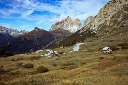 Passo Pordoi. Mountain road - serpentine in the mountains Dolomites, Italyの写真素材