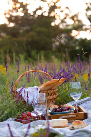 Summer - picnic in the meadow. Cheese brie, baguette, strawberry, cherry, wine, croissants and basketの写真素材