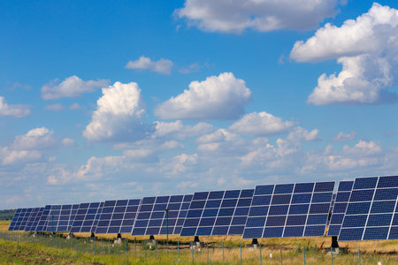 solar panels standing at the field at the bright sunny day