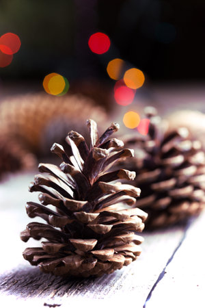 vintage New Year card - pine cone, garland and Christmas ball