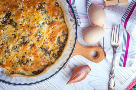 foodphoto - onion pie on a plate, near fork, eggs, onionの写真素材