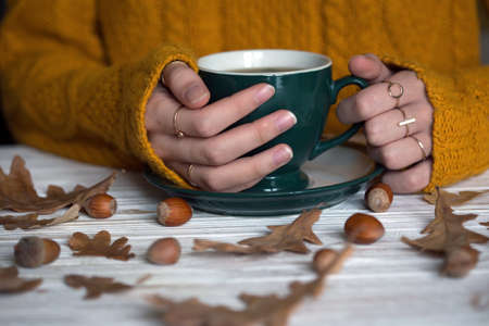 Beautiful autumn background - girl is holding a cup of tea in handsの写真素材