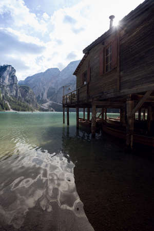 view of well-known tyrolean lake lago di Braies Dolomites Italyの写真素材
