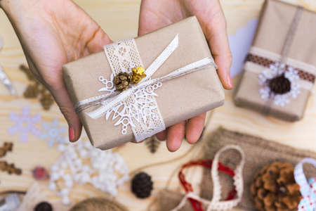 scrapbook background. christmas - girl packs gift 
の写真素材