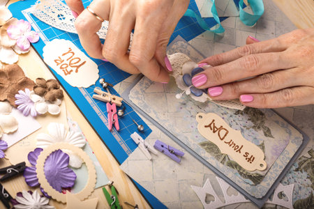 scrapbook background. Card and tools with decoration