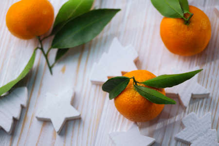 New Year background - appetizing tangerines close-up  on the tableの写真素材