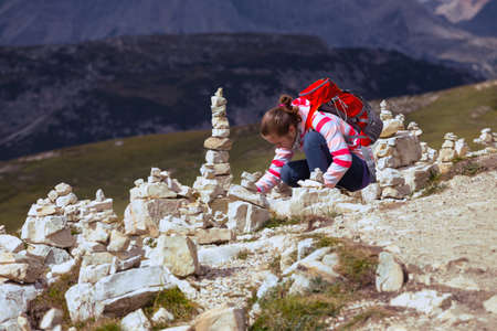 girl hiker hiking at the  Tre Cime di Lavaredo. Dolomites, Italy.
の写真素材