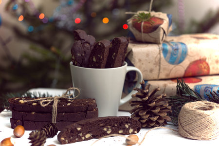 Italian biscotti cookies on a New Year's backgroundの写真素材