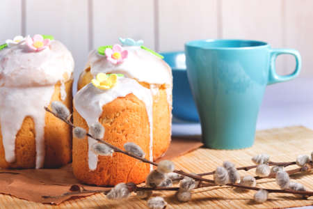 Easter cake and egg Pysanka on a white backgroundの写真素材