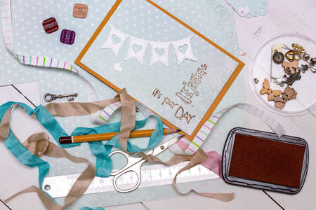 scrapbook background. Card and tools with decoration の写真素材