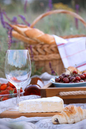 Summer - picnic in the meadow. Cheese brie, baguette, strawberry, cherry, wine, croissants and basketの写真素材