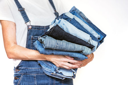 The girl holds a stack of jeans in her hands. cleaning in the closet.