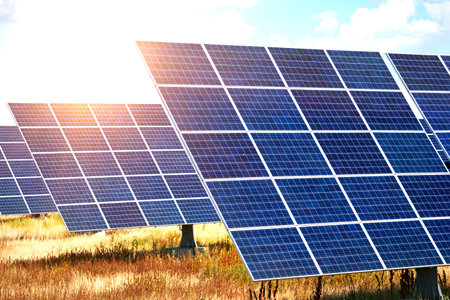 Solar Power Plants. solar panels on the sky background. alternative energy