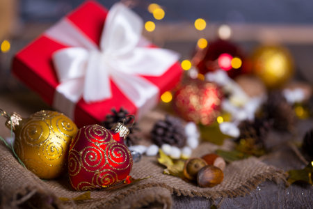 Christmas - a group of gifts on the background of garlandsの写真素材