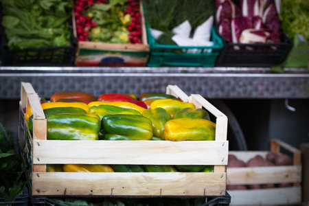 market and fruit. Bell pepper in the foreground