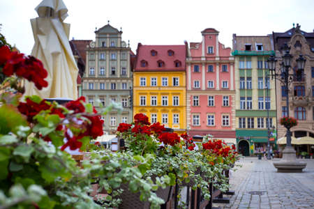 bright colorful houses central market square in Wroclaw, Polandの写真素材
