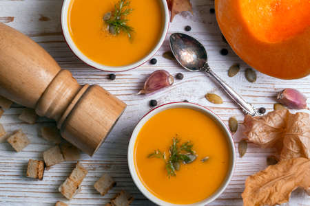 autumn delicious and healthy pumpkin soup creamの写真素材