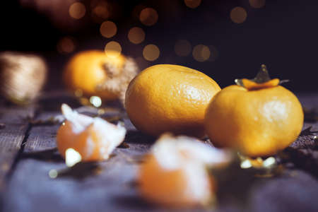 appetizing tangerines close-up  on the table. Christmas cardの写真素材