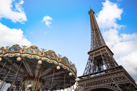 Paris. view of the famous french carousel and the eiffel tower