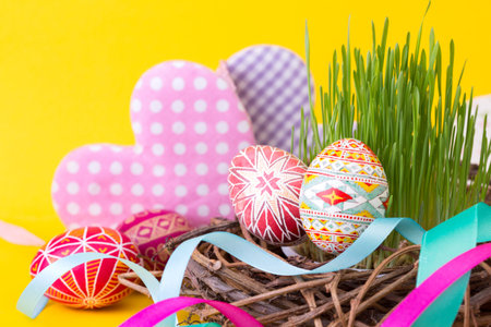 Happy Easter - basket with beautiful Easter egg Pysanka handmade on a yellow background. ukrainian...