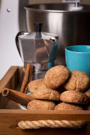 homemade cakes - delicious and tasty cinnamon cookies with cup of coffeeの写真素材