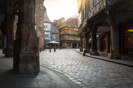 DINAN, FRANCE - APRIL 6, 2018: beautiful streets with colombage houses in the famous city of Dinan. Normandy, Franceのeditorial素材
