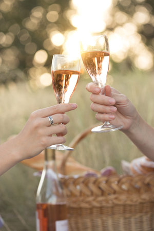 Summer - Provencal picnic in the meadow.  glasses of wine in the background of a picnic basket