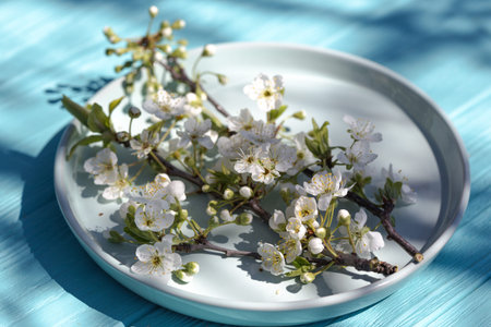vegetarian and vegan menu - cherry blossom branch on a plate. healthy diet