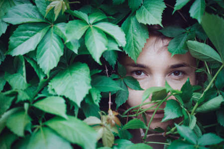 portrait of a girl in the leaves of wild grapes. natural backgroundの写真素材