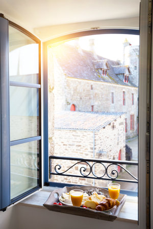 delicious French breakfast with a view of the castleのeditorial素材