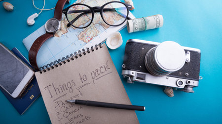 background for a planning trip - watches, sneakers, map, dollars, glasses, camera, headphones,...