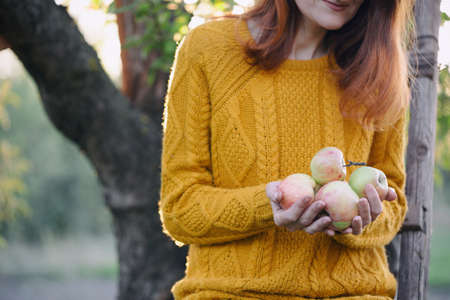 girl in the garden holding apples at sunsetの写真素材