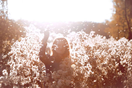 girl with flowers against the setting sun in the autumn afternoon. dandelion fluff in the autumn park.の写真素材