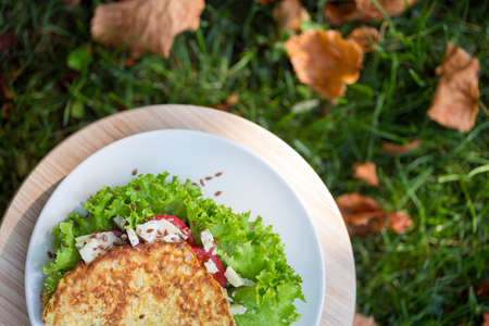 healthy nutrition in the fresh air. omelet with herbs, tomato and gorgonzolaの写真素材