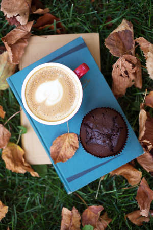 books and cup of coffee with chocolate Muffins on grass. fall and relaxの写真素材