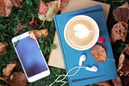 books, smartphone, earphones and cup of coffee on grass. fall and relaxの写真素材