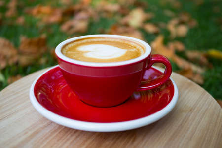red cup of coffee against the backdrop of autumn foliage. fall and relaxの写真素材